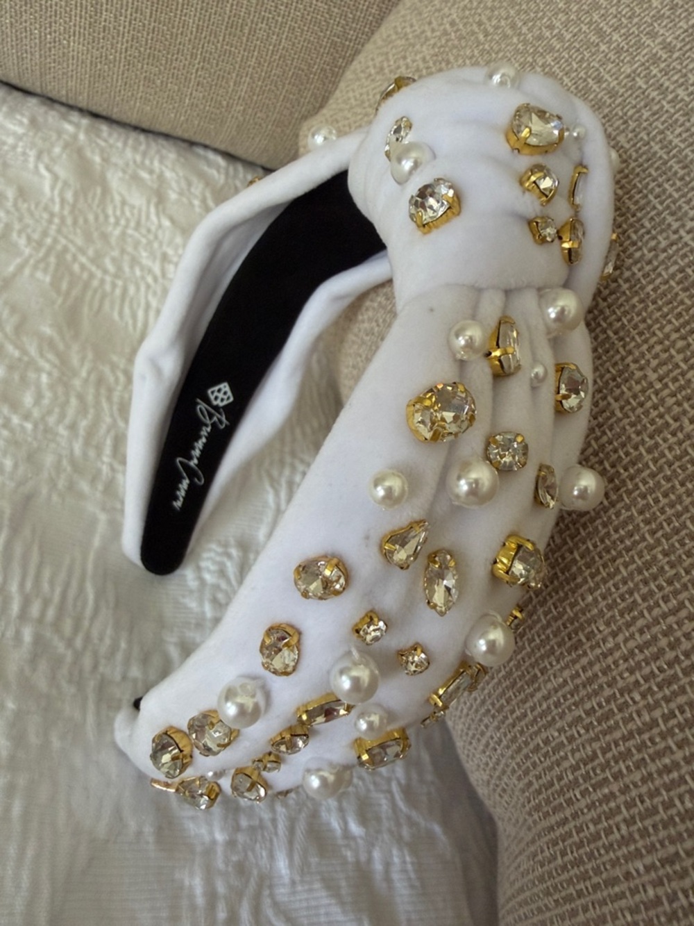Embellished White Pearl & Crystal Padded Headband by Brianna Cannon